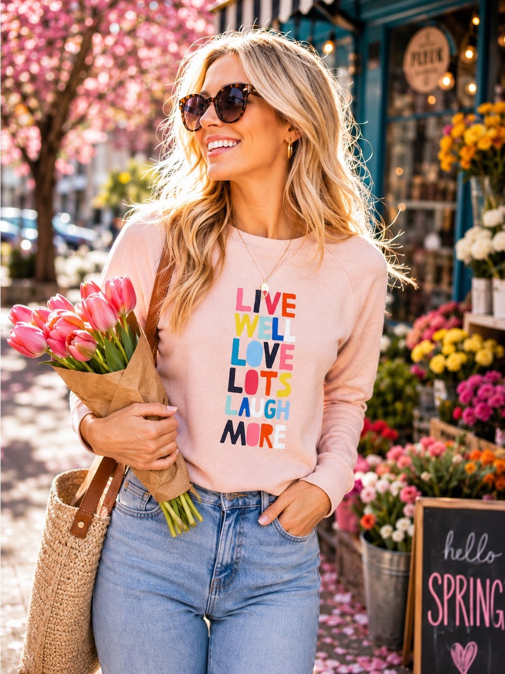 Boden Live Well Love Lots Laugh More Pink Graphic Sweatshirt